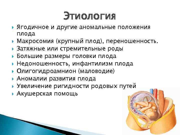 Этиология Ягодичное и другие аномальные положения плода Макросомия (крупный плод), переношенность. Затяжные или стремительные