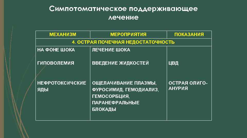 Симпотоматическое поддерживающее лечение МЕХАНИЗМ МЕРОПРИЯТИЯ ПОКАЗАНИЯ 4. ОСТРАЯ ПОЧЕЧНАЯ НЕДОСТАТОЧНОСТЬ НА ФОНЕ ШОКА ЛЕЧЕНИЕ