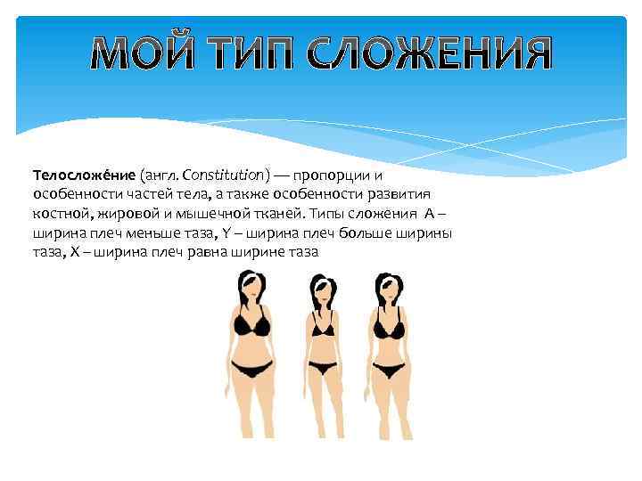 МОЙ ТИП СЛОЖЕНИЯ Телосложе ние (англ. Constitution) — пропорции и особенности частей тела, а