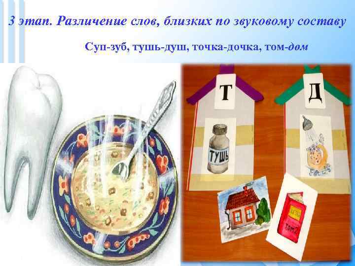 3 этап. Различение слов, близких по звуковому составу Суп-зуб, тушь-душ, точка-дочка, том-дом 