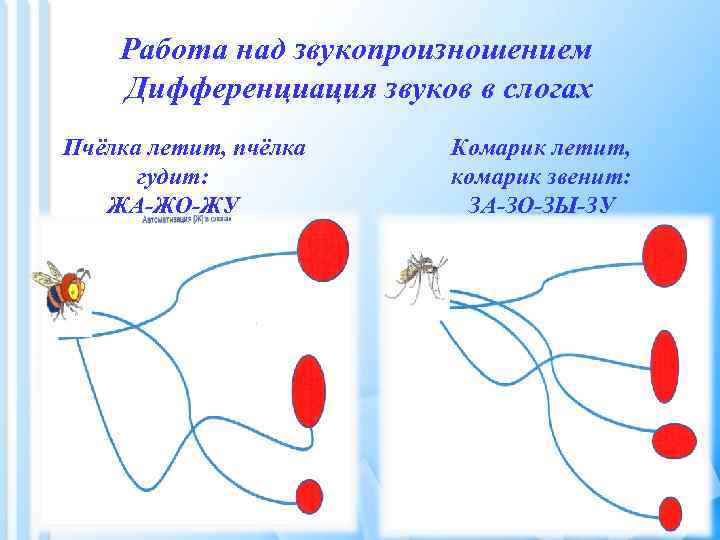 Работа над звукопроизношением Дифференциация звуков в слогах Пчёлка летит, пчёлка гудит: ЖА-ЖО-ЖУ Комарик летит,