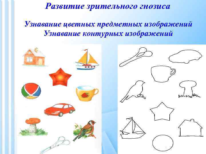 Развитие зрительного гнозиса Узнавание цветных предметных изображений Узнавание контурных изображений 