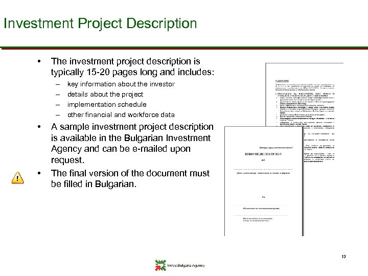 Investment Project Description • The investment project description is typically 15 -20 pages long
