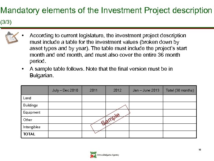 Mandatory elements of the Investment Project description (3/3) • • According to current legislature,