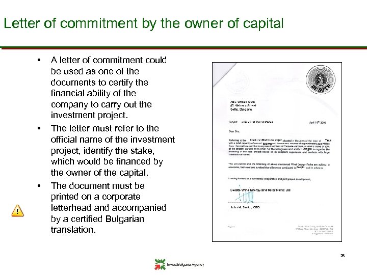 Letter of commitment by the owner of capital • • • A letter of