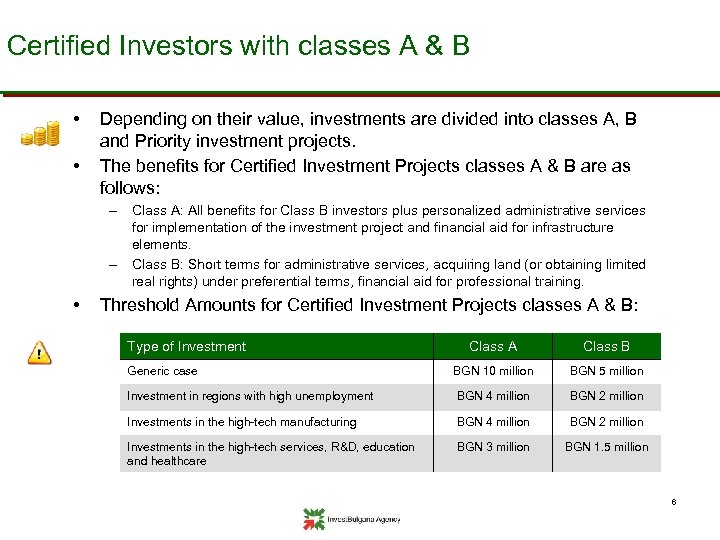 Certified Investors with classes A & B • • Depending on their value, investments