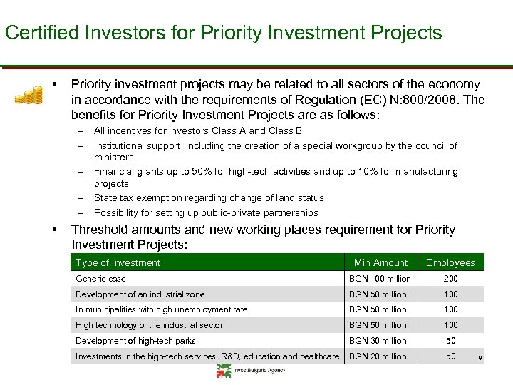 Certified Investors for Priority Investment Projects • Priority investment projects may be related to