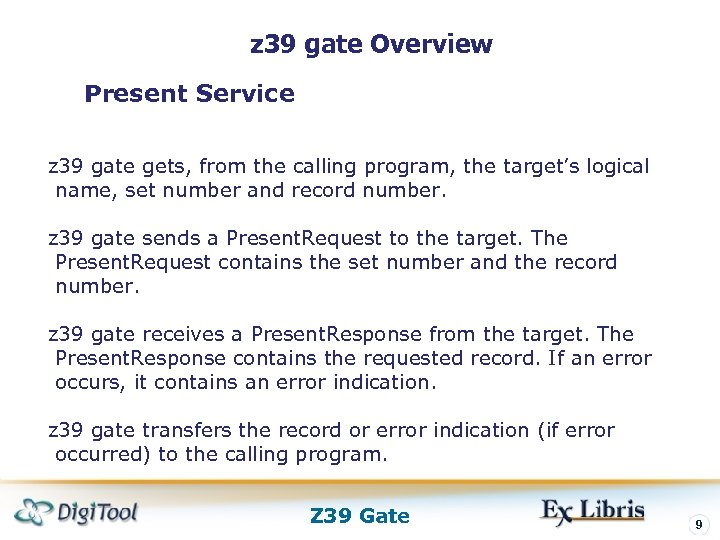 z 39 gate Overview Present Service z 39 gate gets, from the calling program,