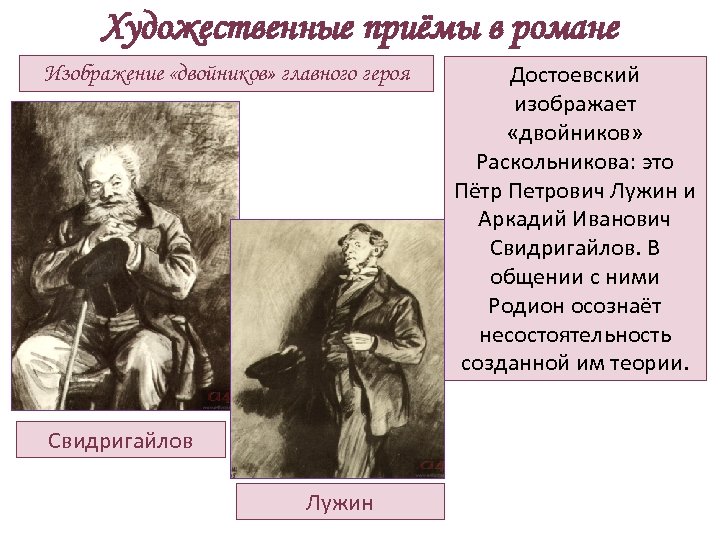 Художественные приёмы в романе Изображение «двойников» главного героя Свидригайлов Лужин Достоевский изображает «двойников» Раскольникова: