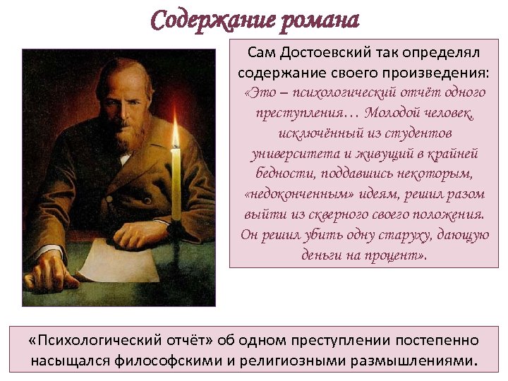 Содержание романа Сам Достоевский так определял содержание своего произведения: «Это – психологический отчёт одного
