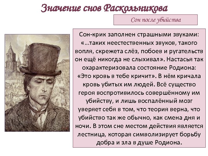 Значение снов Раскольникова Сон после убийства Сон-крик заполнен страшными звуками: «…таких неестественных звуков, такого