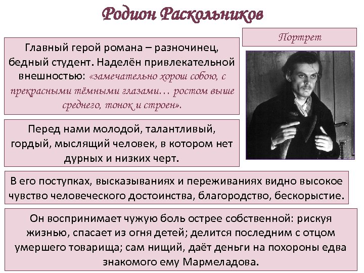 Родион Раскольников Главный герой романа – разночинец, бедный студент. Наделён привлекательной внешностью: «замечательно хорош