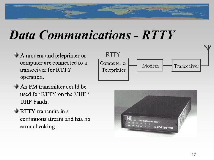 Data Communications - RTTY A modem and teleprinter or computer are connected to a