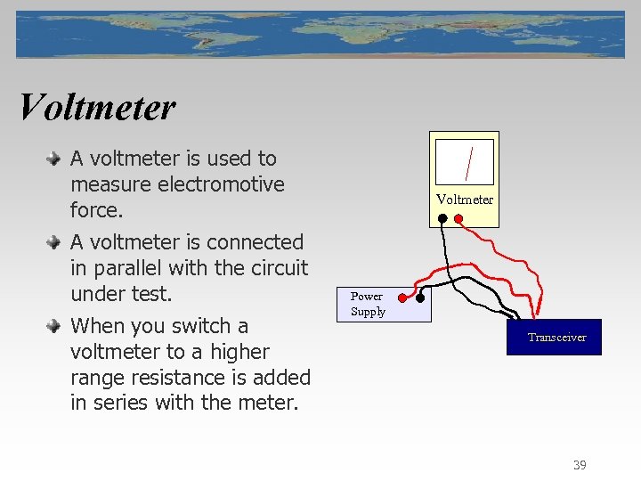 Voltmeter A voltmeter is used to measure electromotive force. A voltmeter is connected in