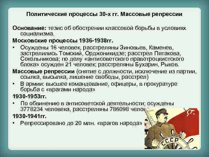 Политические процессы 30 -х гг. Массовые репрессии Основание: тезис об обострении классовой борьбы в