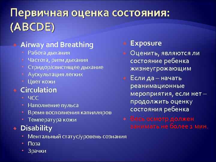 Первичная оценка состояния: (ABCDЕ) Airway and Breathing Circulation Работа дыхания Частота, ритм дыхания Стридор/свистящее