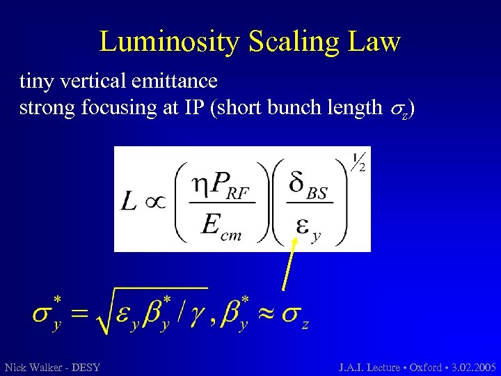 Luminosity Scaling Law tiny vertical emittance strong focusing at IP (short bunch length sz)