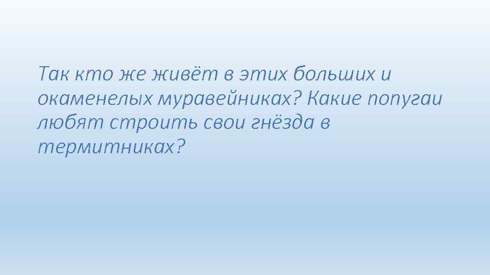 Так кто же живёт в этих больших и окаменелых муравейниках? Какие попугаи любят строить