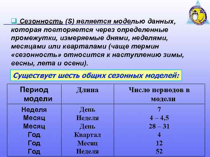 q Сезонность (S) является моделью данных, которая повторяется через определенные промежутки, измеряемые днями, неделями,