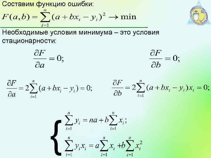 Составим функцию ошибки: Необходимые условия минимума – это условия стационарности: { 