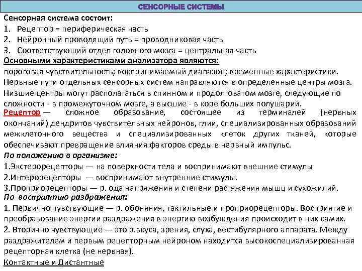 Сенсорная система состоит: 1. Рецептор = периферическая часть 2. Нейронный проводящий путь = проводниковая