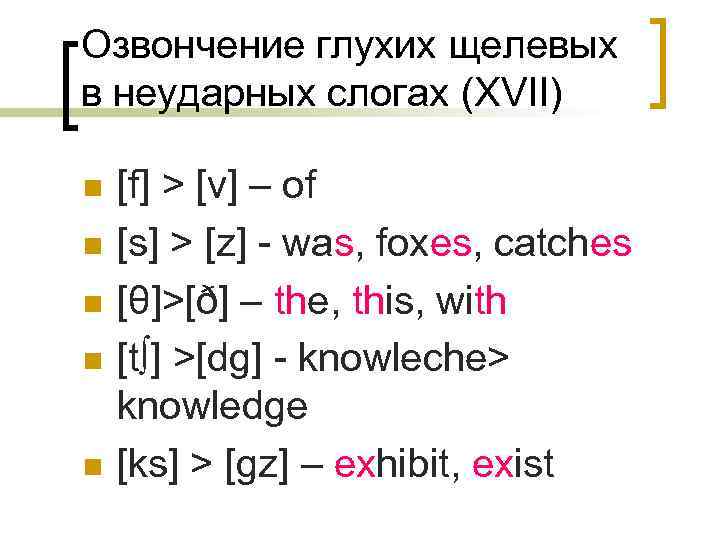 Озвончение глухих щелевых в неударных слогах (XVII) n n n [f] > [v] –