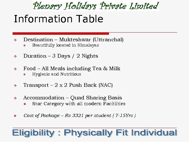 Information Table v Destination – Mukteshwar (Uttranchal) v Beautifully located in Himalayas v Duration