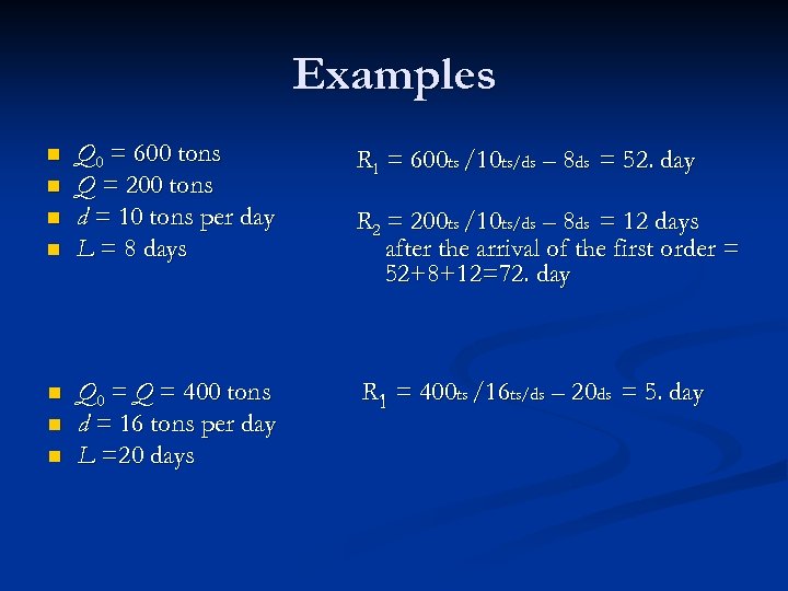 Examples n n n n Q 0 = 600 tons Q = 200 tons