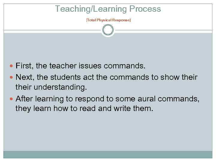 Teaching/Learning Process [Total Physical Response] First, the teacher issues commands. Next, the students act