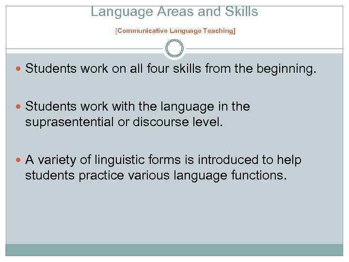 Language Areas and Skills [Communicative Language Teaching] Students work on all four skills from
