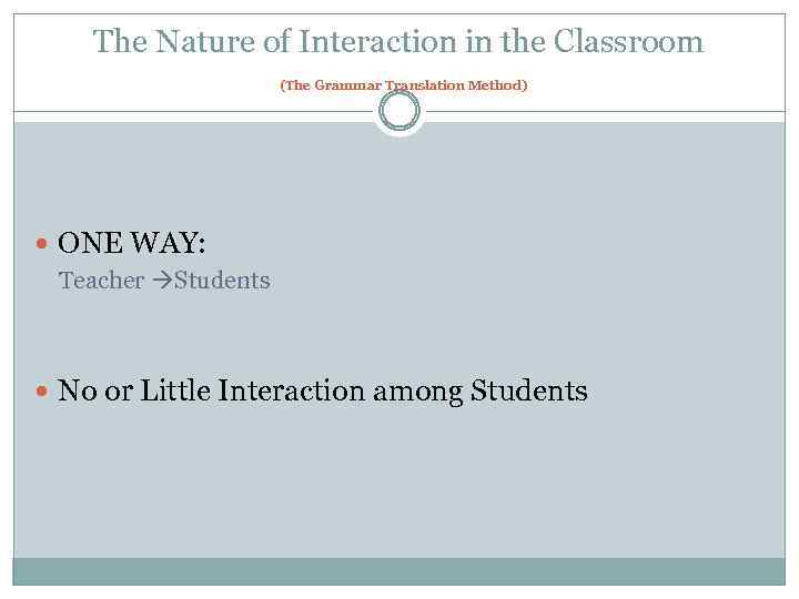 The Nature of Interaction in the Classroom (The Grammar Translation Method) ONE WAY: Teacher