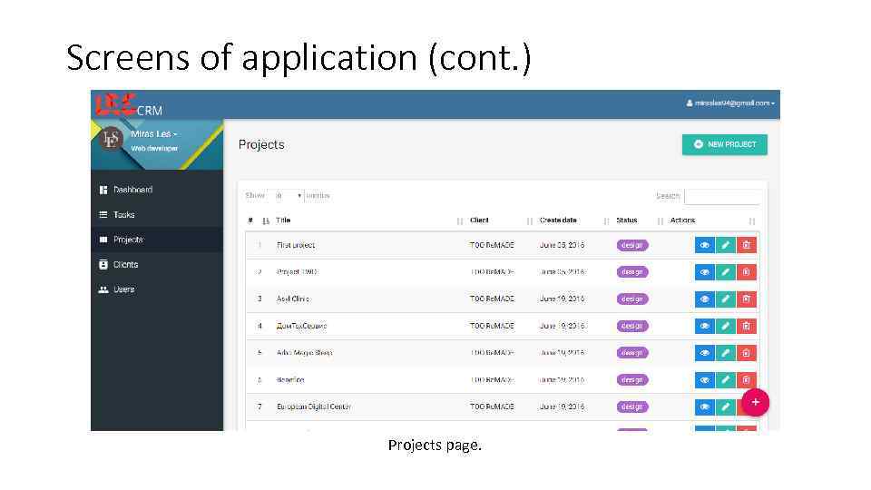 Screens of application (cont. ) Projects page. 