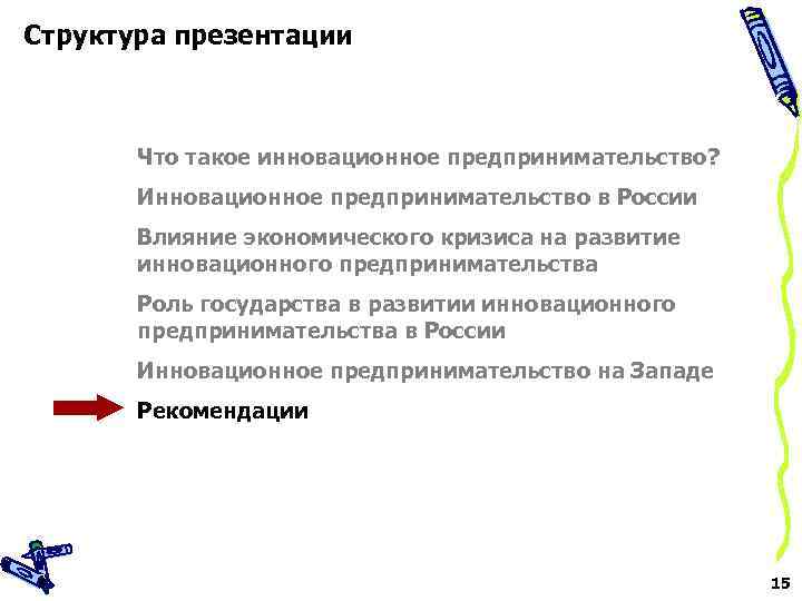 Структура презентации Что такое инновационное предпринимательство? Инновационное предпринимательство в России Влияние экономического кризиса на