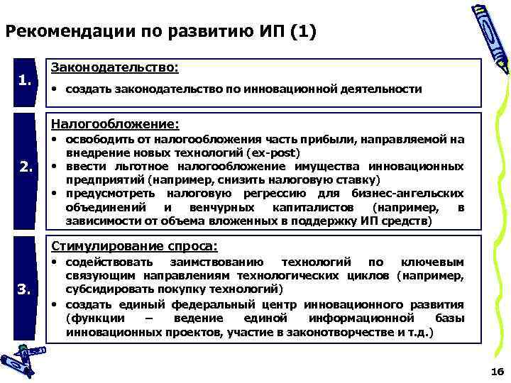 Рекомендации по развитию ИП (1) 1. Законодательство: • создать законодательство по инновационной деятельности Налогообложение:
