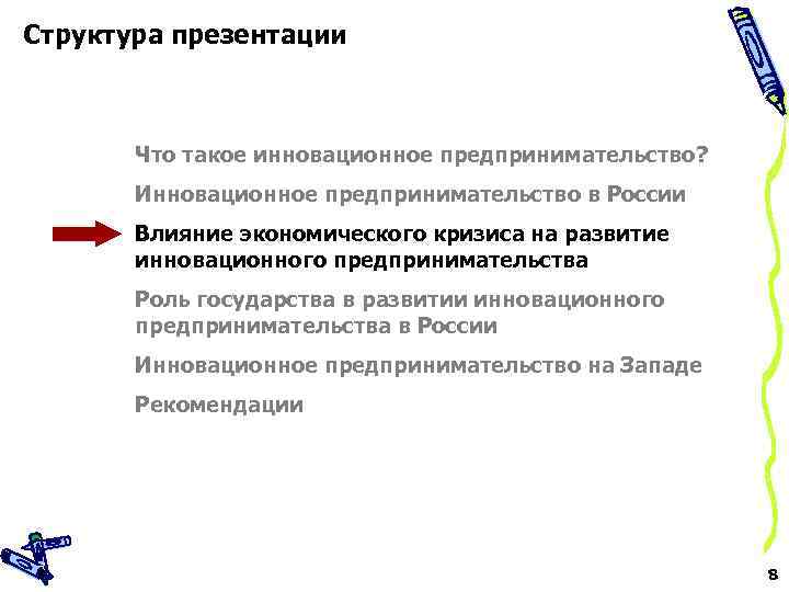 Структура презентации Что такое инновационное предпринимательство? Инновационное предпринимательство в России Влияние экономического кризиса на