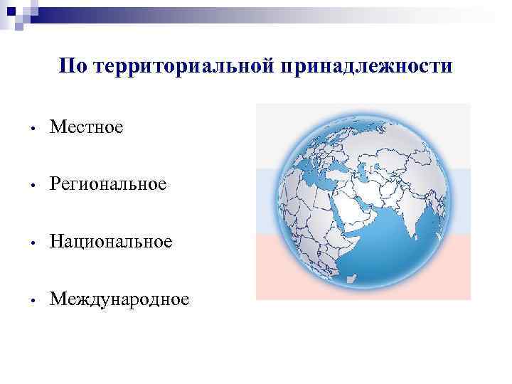 По территориальной принадлежности • Местное • Региональное • Национальное • Международное 