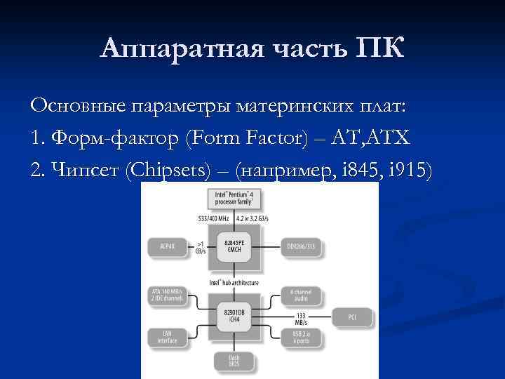 Аппаратная часть ПК Основные параметры материнских плат: 1. Форм-фактор (Form Factor) – AT, ATX