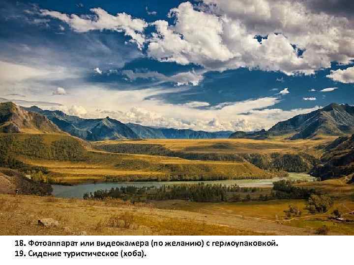 18. Фотоаппарат или видеокамера (по желанию) с гермоупаковкой. 19. Сидение туристическое (хоба). 