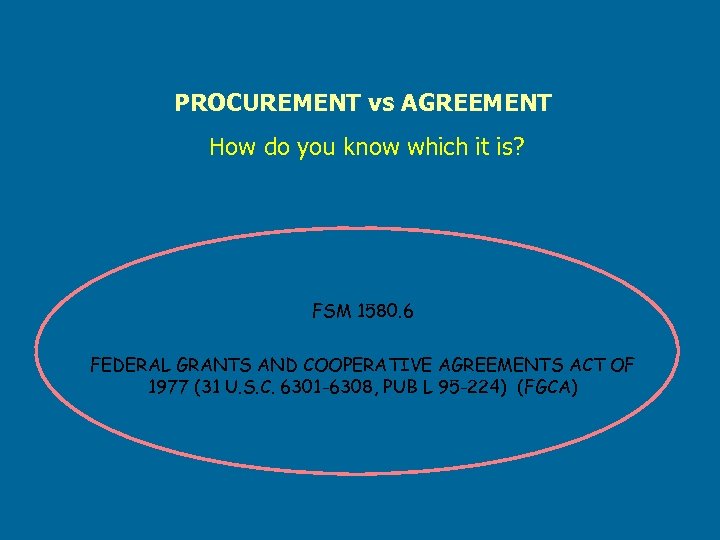 PROCUREMENT vs AGREEMENT How do you know which it is? FSM 1580. 6 FEDERAL