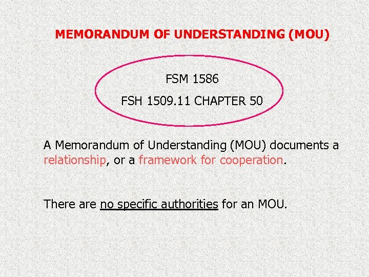 MEMORANDUM OF UNDERSTANDING (MOU) FSM 1586 FSH 1509. 11 CHAPTER 50 A Memorandum of