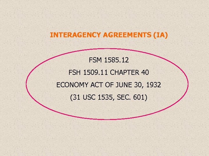 INTERAGENCY AGREEMENTS (IA) FSM 1585. 12 FSH 1509. 11 CHAPTER 40 ECONOMY ACT OF