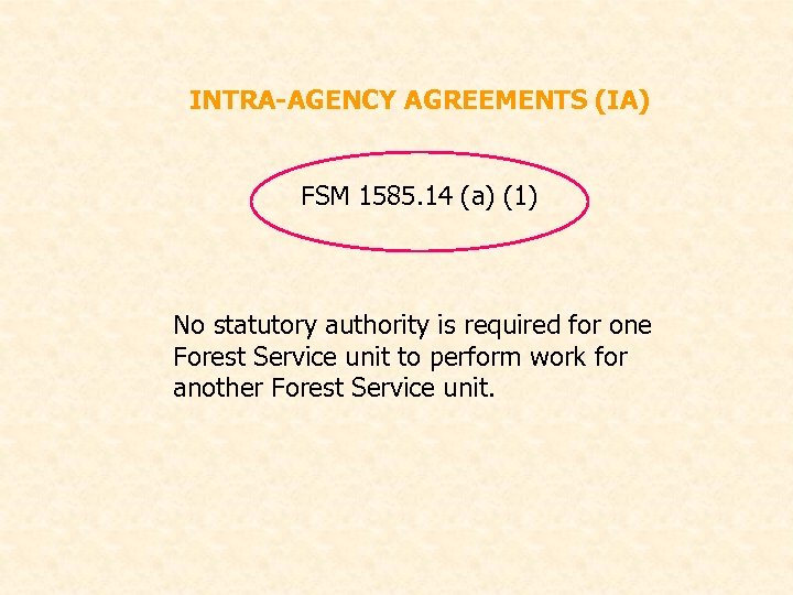 INTRA-AGENCY AGREEMENTS (IA) FSM 1585. 14 (a) (1) No statutory authority is required for