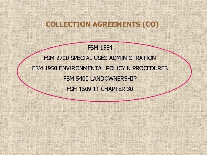  COLLECTION AGREEMENTS (CO) FSM 1584 FSM 2720 SPECIAL USES ADMINISTRATION FSM 1950 ENVIRONMENTAL