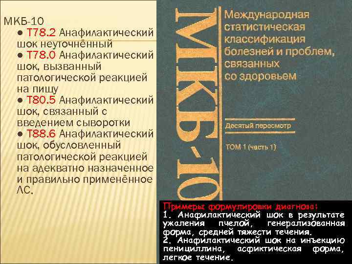 МКБ-10 ● T 78. 2 Анафилактический шок неуточнённый ● T 78. 0 Анафилактический шок,