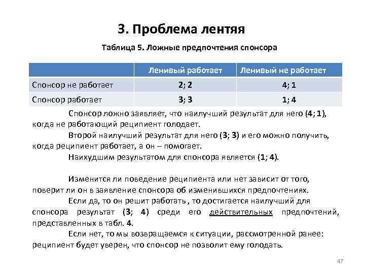 3. Проблема лентяя Таблица 5. Ложные предпочтения спонсора Спонсор не работает Ленивый работает 2;