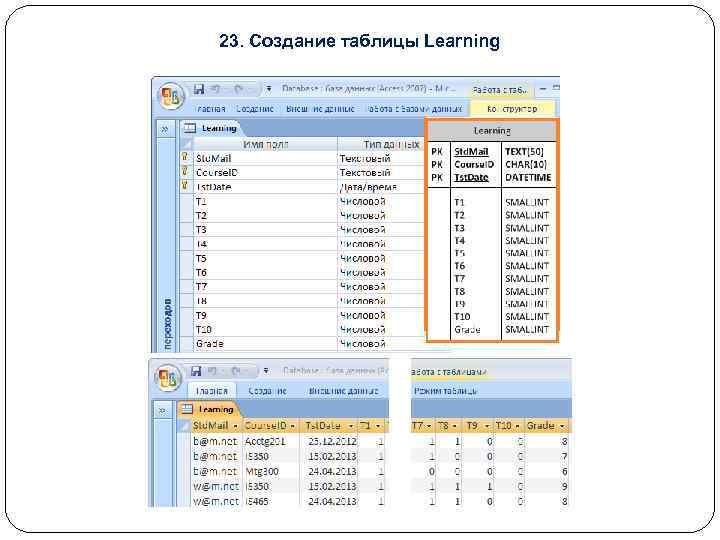 23. Создание таблицы Learning 