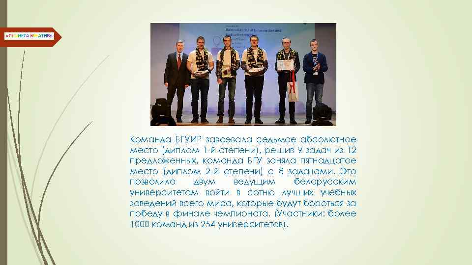 Команда БГУИР завоевала седьмое абсолютное место (диплом 1 -й степени), решив 9 задач из
