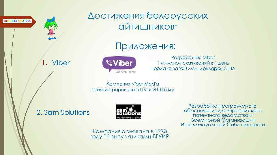 Достижения белорусских айтишников: Приложения: 1. Viber Разработчик Viber 1 миллион скачиваний в 1 день