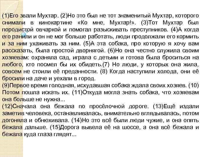 (1)Его звали Мухтар. (2)Но это был не тот знаменитый Мухтар, которого снимали в кинокартине