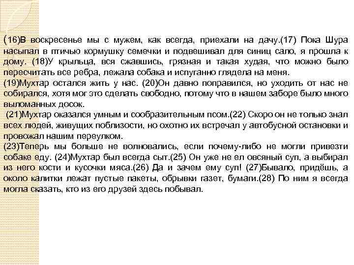 (16)В воскресенье мы с мужем, как всегда, приехали на дачу. (17) Пока Шура насыпал